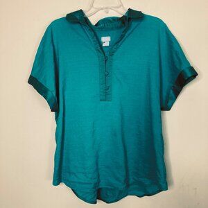 Chicos Teal Linen Blend Tunic Top Size 2 US 12/14 Button-Front Short Sleeve